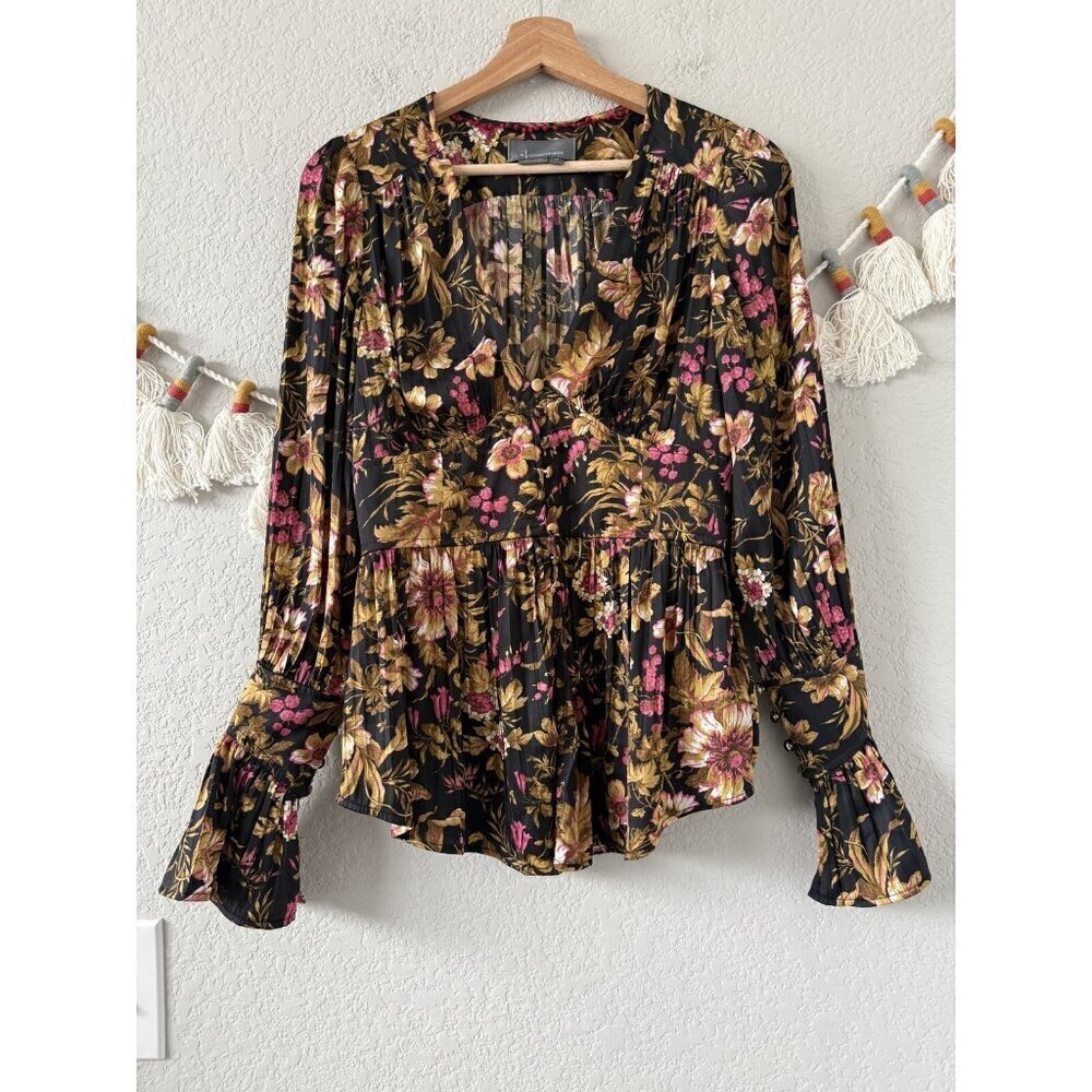 By Anthropologie Deep-V Tunic Floral Button Down Top Peasant Boho Coquette XS